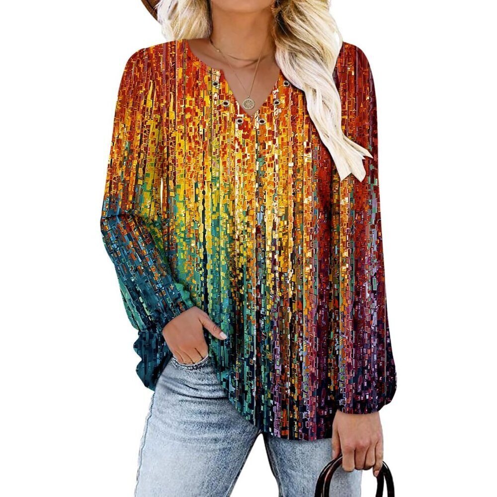 V Neck Long Sleeve Women Tops Loose Fit Tunic Casual Fall Blouse